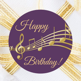Happy Birthday Gold muzieknoten op elegant paars Ronde Sticker