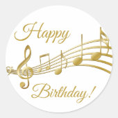 Happy Birthday Gold muzieknoten wit Ronde Sticker (Voorkant)