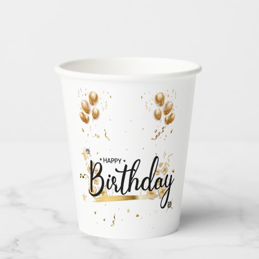 Happy Birthday Gold Paper Cups Papieren Bekers (Voorkant)