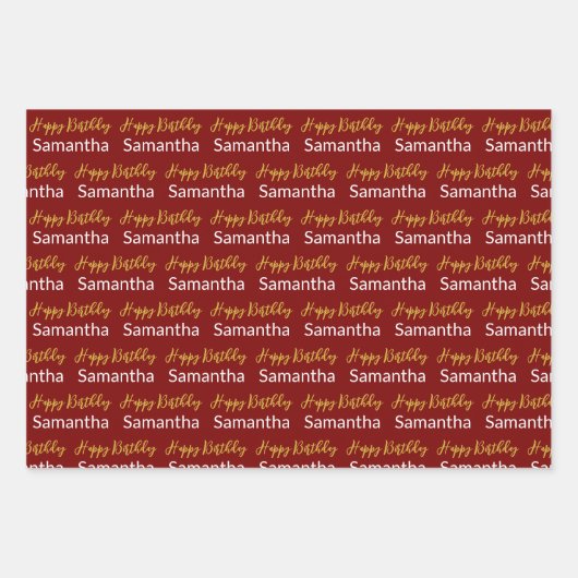 Happy Birthday Gold Script Donker Rood en Wit Naam Inpakpapier Vel (Voorkant 3)