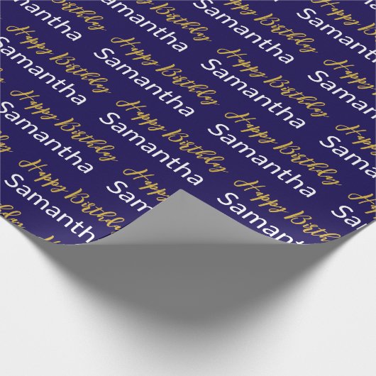Happy Birthday Gold Script Donkerblauw Wit Naam Cadeaupapier (Hoek)