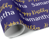 Happy Birthday Gold Script Donkerblauw Wit Naam Cadeaupapier (Rol Hoek)