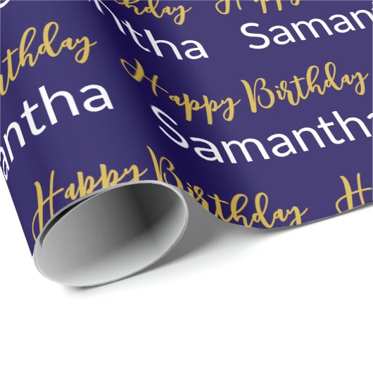 Happy Birthday Gold Script Donkerblauw Wit Naam Cadeaupapier (Rol Hoek)