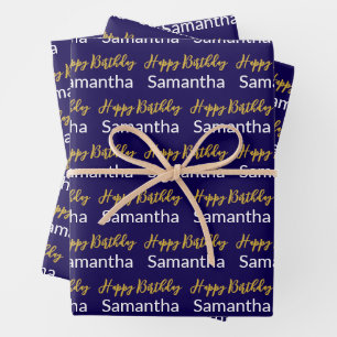 Happy Birthday Gold Script Donkerblauw Wit Naam Inpakpapier Vel