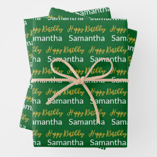Happy Birthday Gold Script Forest Green White Naam Inpakpapier Vel