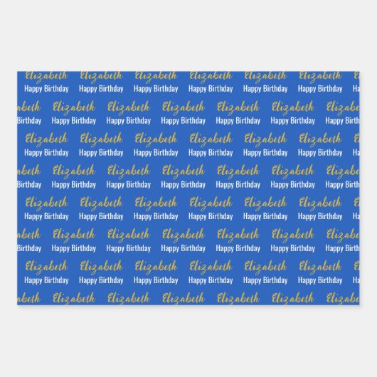 Happy Birthday Gold Script Naam Sapphire Blue Inpakpapier Vel (Voorkant 2)