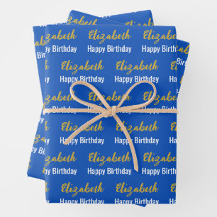 Happy Birthday Gold Script Naam Sapphire Blue Inpakpapier Vel