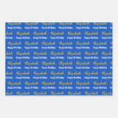 Happy Birthday Gold Script Naam Sapphire Blue Inpakpapier Vel (Voorkant)