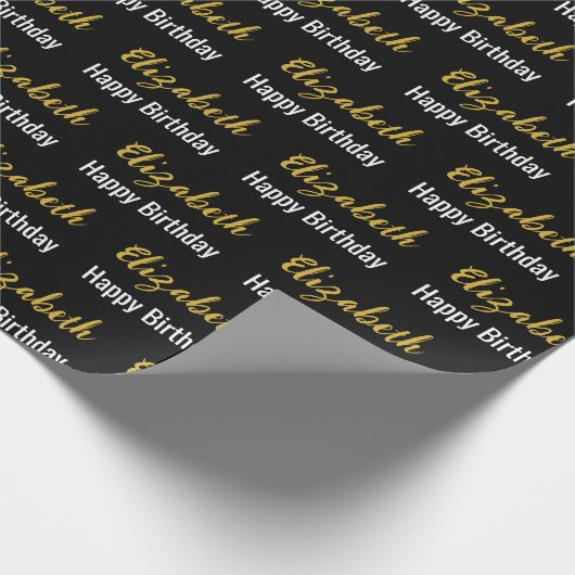 Happy Birthday Gold Script Name Black and White Cadeaupapier (Hoek)