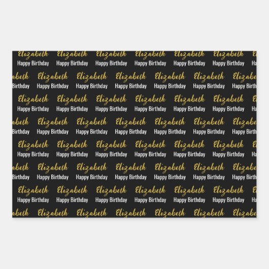 Happy Birthday Gold Script Name Black and White Inpakpapier Vel (Voorkant)