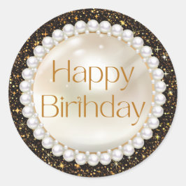 Happy Birthday Gold Script Parels Zwart Glitters Ronde Sticker