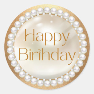 Happy Birthday Gold Script White Pearls Luxe Ronde Sticker
