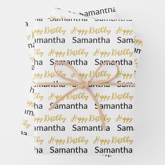 Happy Birthday Gold Script Wit Zwart Naam Inpakpapier Vel (In situ)