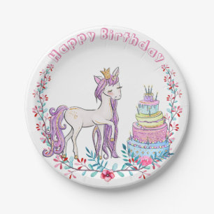 Happy Birthday Gold Unicorn Waterverf Flowers Papieren Bordje