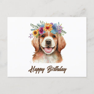 Happy Birthday Golden Retriever Dog en Flowers Briefkaart