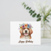 Happy Birthday Golden Retriever Dog en Flowers Briefkaart (Staand voorkant)