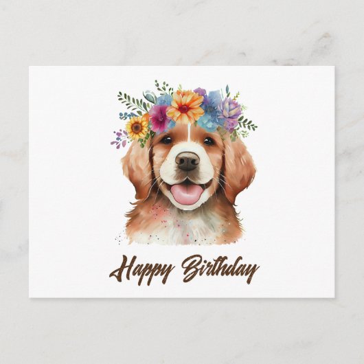 Happy Birthday Golden Retriever Dog en Flowers Briefkaart (Voorkant)