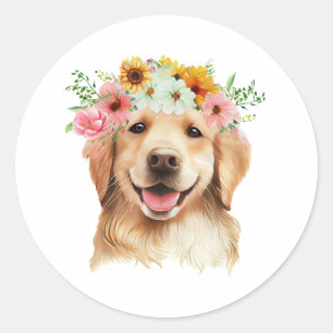 Happy Birthday Golden Retriever Dog met bloemen Ronde Sticker