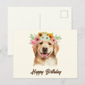 Happy Birthday Golden Retriever Dog with Flowers  Briefkaart (Voorkant / Achterkant)