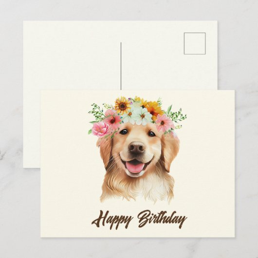 Happy Birthday Golden Retriever Dog with Flowers  Briefkaart (Voorkant / Achterkant)
