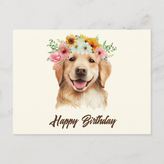 Happy Birthday Golden Retriever Dog with Flowers  Briefkaart (Voorkant)