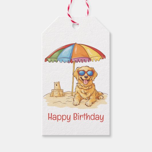Happy Birthday Golden Retriever Strandhond Cadeaulabel (Voorkant)