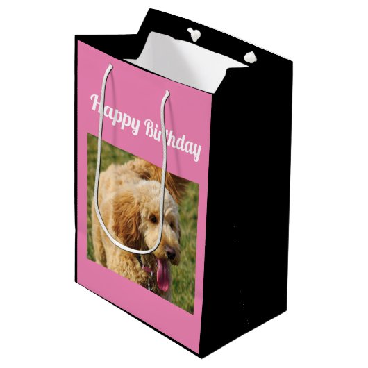 Happy Birthday Goldendole Dog Medium Cadeauzakje (Voorkant Gekanteld)