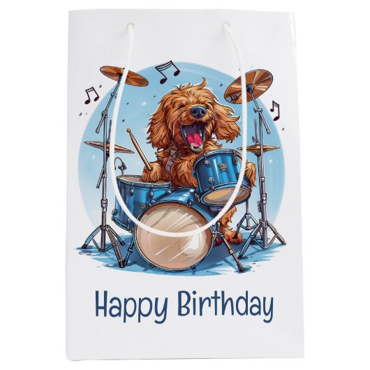 Happy Birthday Goldendoodle Dog Playing Drums Medium Cadeauzakje