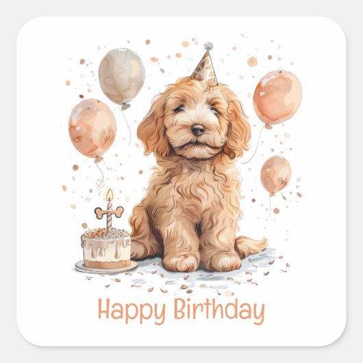 Happy Birthday Goldendoodle Hond Verjaardagstaart Vierkante Sticker (Voorkant)