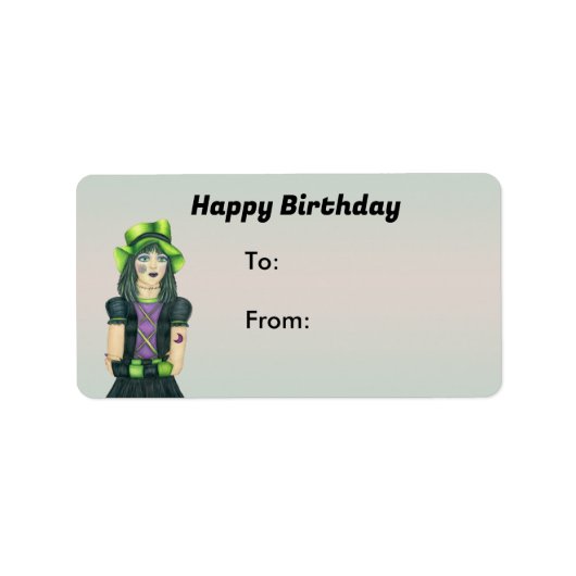 Happy Birthday Gothic Girl Tattoo Groen Zwart Haar Etiket (Voorkant)