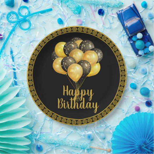 Happy Birthday, goud en zwart, Papieren Bordje (Feest)