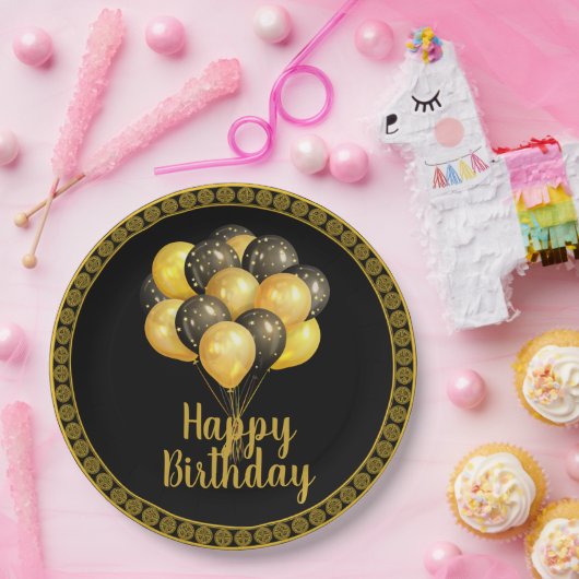 Happy Birthday, goud en zwart, Papieren Bordje (Feest)