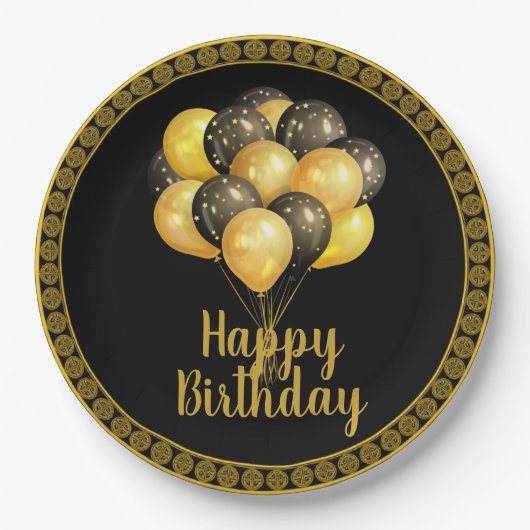 Happy Birthday, goud en zwart, Papieren Bordje (Voorkant)