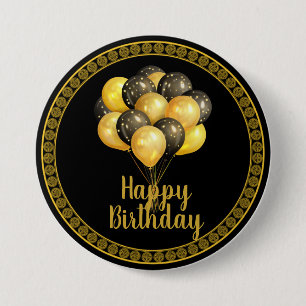 Happy Birthday, goud en zwart, Ronde Button 7,6 Cm