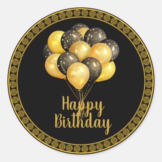 Happy Birthday, goud en zwart, Ronde Sticker (Voorkant)