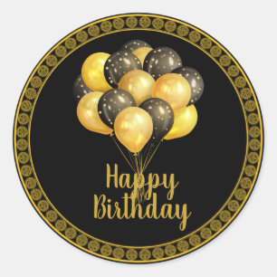 Happy Birthday, goud en zwart,  Ronde Sticker