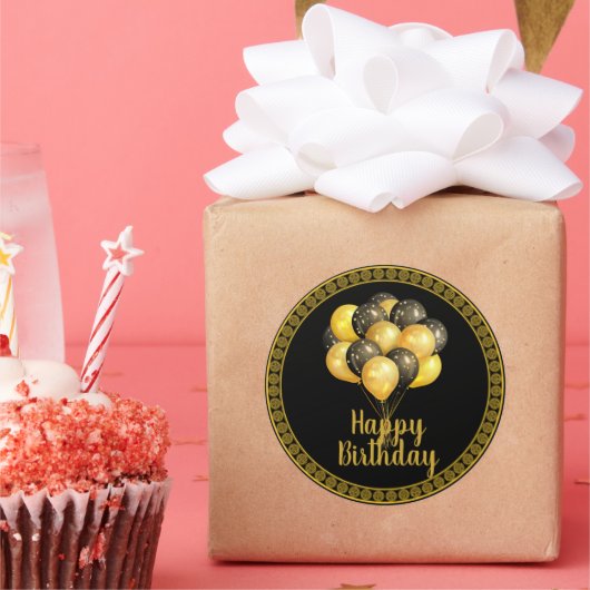 Happy Birthday, goud en zwart, Ronde Sticker (Feest)