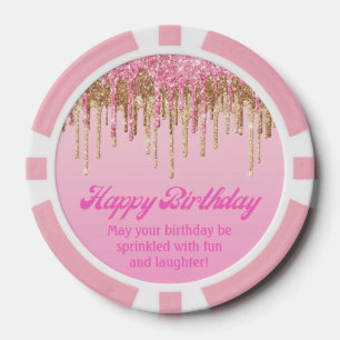 Happy Birthday Goud Roze Dripping Glitters Stijlvo Poker Chips