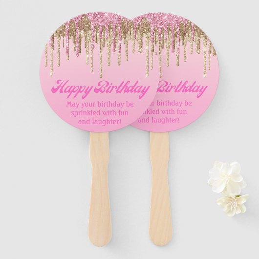 Happy Birthday Goud Roze Glitters Retro Script Handwaaier (Voorkant en achterkant)