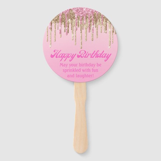 Happy Birthday Goud Roze Glitters Retro Script Handwaaier (Voorkant)