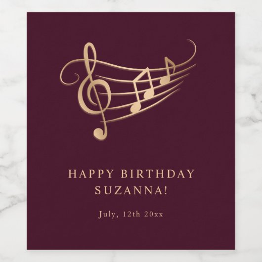Happy Birthday Gouden Muzieknoten Elegant Wijn Etiket (Enkel label)