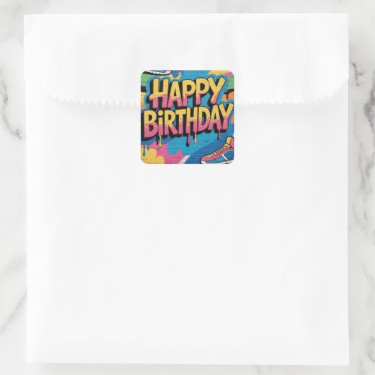 Happy Birthday Graffiti Muur met Sneakers Vierkante Sticker (Tas)