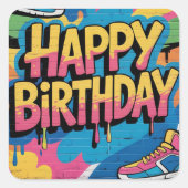 Happy Birthday Graffiti Muur met Sneakers Vierkante Sticker (Voorkant)