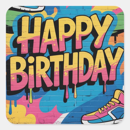 Happy Birthday Graffiti Muur met Sneakers Vierkante Sticker (Voorkant)