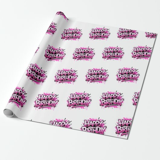 Happy Birthday Graffiti Pink Gift Wrap Cadeaupapier (Uitgerold)