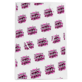 Happy Birthday Graffiti Pink & White Bag Medium Cadeauzakje