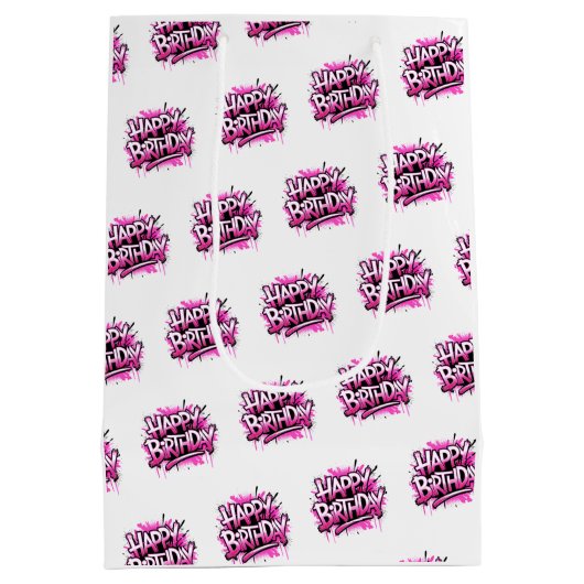 Happy Birthday Graffiti Pink & White Bag Medium Cadeauzakje (Achterkant)