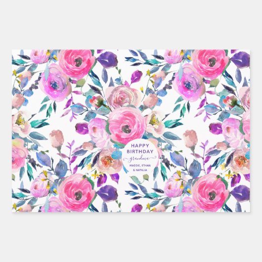 Happy Birthday Grandma Floral Inpakpapier Vel (Voorkant)