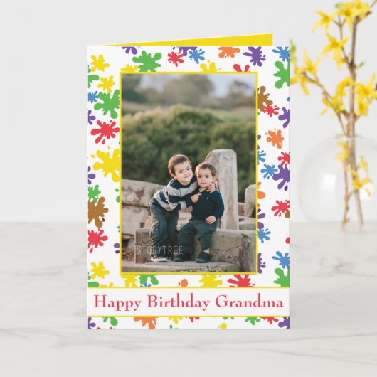 Happy Birthday Grandma Paint Splatter Foto Kaart (Gele Bloem)