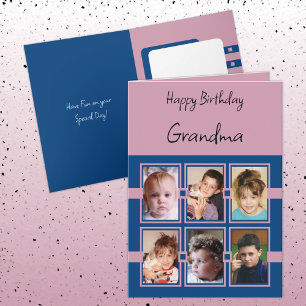 Happy Birthday Grandma voegt 6 foto's blauwe roze Kaart